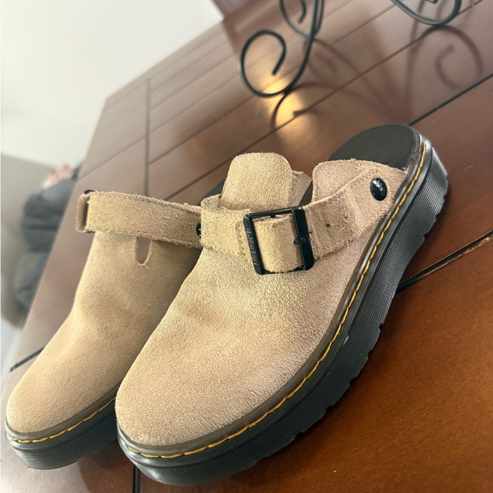 Dr. Martens Tan Suede Mules with Buckle Strap